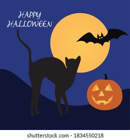 Happy Halloween Scene, Cat looking at the moon with bat Vector Illustration