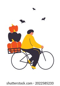 Happy Halloween scene with people vector cip art. Cartoon modern bicycle man illustration with pumpkins. Happy Halloween events, festival and fair, banner, poster design.