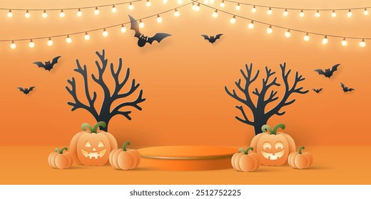 Happy Halloween, scene of Halloween podium with Pumpkin and dead tree.