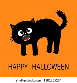 Happy Halloween. Screaming kitten. Frightened cat arch back. Hair fur stands on end. Eyes, fangs, moustaches whisker. Cute funny cartoon character. Isolated Orange background. Flat design. Vector