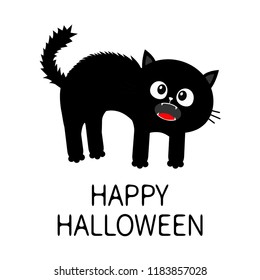 Happy Halloween. Screaming kitten. Frightened cat arch back. Hair fur stands on end. Eyes, fangs, moustaches whisker. Cute funny cartoon character. Isolated White background. Flat design. Vector
