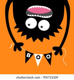 Happy Halloween Screaming monster head silhouette. Bunting flags pack Boo letters. Flag garland. Hanging upside down. Black Funny Cute cartoon baby character. Flat design. Orange background. Vector