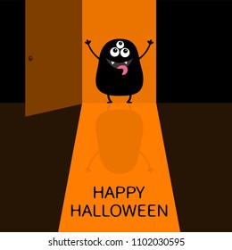 Happy Halloween. Screaming monster silhouette standing at doorway. Three eyes, teeth, big tongue spooky hands. Open door shadow. Black Funny Cute cartoon baby character. Flat Orange background. Vector