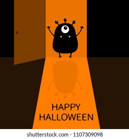 Happy Halloween. Screaming monster silhouette standing at doorway. One eye, teeth, spooky hands. Open door with shadow. Black Funny Cute cartoon baby character. Flat design. Orange background. Vector