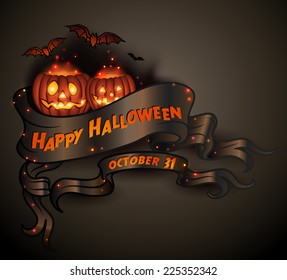 Happy Halloween scroll banner with pumpkins and bats - vector illustration.