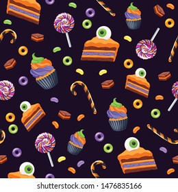 Happy Halloween seamless background with colorful sweets and candies. Good for holiday design.