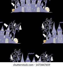 Happy halloween seamless background with haunted house, trees and cute ghosts. Vector illustration. Decorative pattern for advertisement, card, flyer, poster.