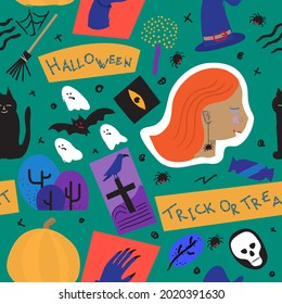 Happy Halloween. Seamless background for the Halloween holiday in cartoon vector style. Endless hand drawn  flat illustration