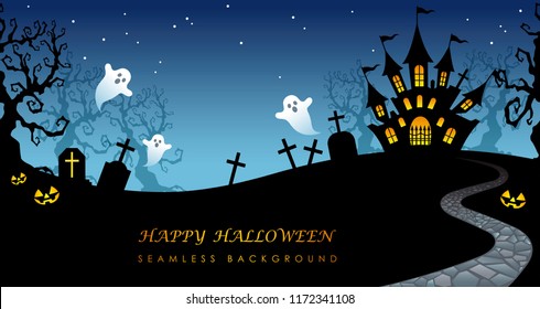 Happy Halloween seamless background with text space, vector illustration. Horizontally repeatable.