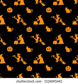 Happy Halloween seamless background vector illustration, with pumpkin, cat, witch, cartoon characters  ￼