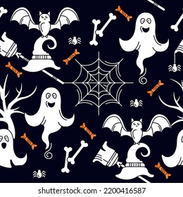 Fröhlicher Halloween-Hintergrund. Vektorgrafik. Gespenster und Spinnennetze mit Spinnen, Besen.
