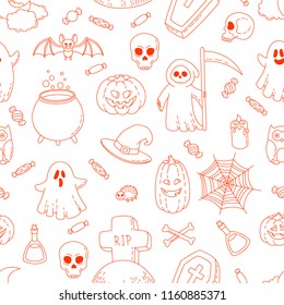 Happy Halloween. Seamless background, wallpaper, template. Vector Cartoon Doodle Icons Set