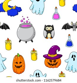 Happy Halloween. Seamless background, wallpaper, template. Vector Cartoon Doodle Icons Set