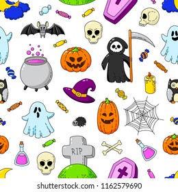 Happy Halloween. Seamless background, wallpaper, template. Vector Cartoon Doodle Icons Set