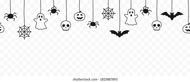 Happy Halloween seamless banner or border with black bats, spider web, ghost  and pumpkins. Vector illustration party invitation isolated on transparent background