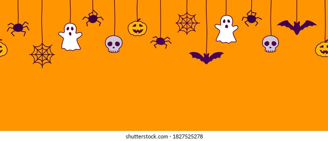 Happy Halloween seamless banner or border with black bats, spider web, ghost  and pumpkins. Vector illustration party invitation orange background