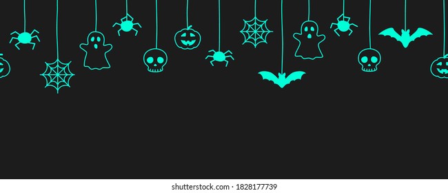 Happy Halloween seamless banner or border with bats, spider web, ghost  and pumpkins. Vector illustration party invitation black background
