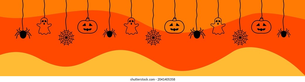 Happy Halloween seamless banner or border with black spider webs, ghost, spider and pumpkins. Vector illustration on orange background. Vector EPS 10