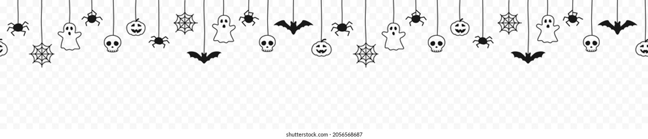Happy Halloween seamless banner or border with black bats, spider web, ghost and pumpkins. Vector illustration party invitation isolated on transparent background