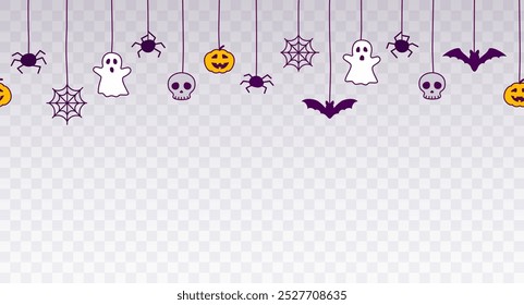 Happy Halloween seamless banner or border with black bats, spider web, ghost and pumpkins. Vector illustration party invitation isolated on transparent background	