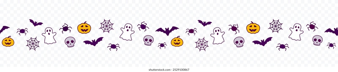 Happy Halloween seamless banner or border with black bats, spider web, ghost and pumpkins. Vector illustration party invitation isolated on transparent background