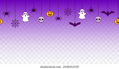 Happy Halloween seamless banner or border with black bats, spider web, ghost and pumpkins. Vector illustration party invitation isolated on transparent background	