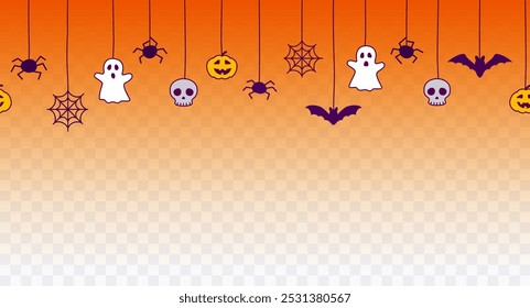 Happy Halloween seamless banner or border with black bats, spider web, white ghost and pumpkins. Vector illustration party invitation isolated on transparent background	