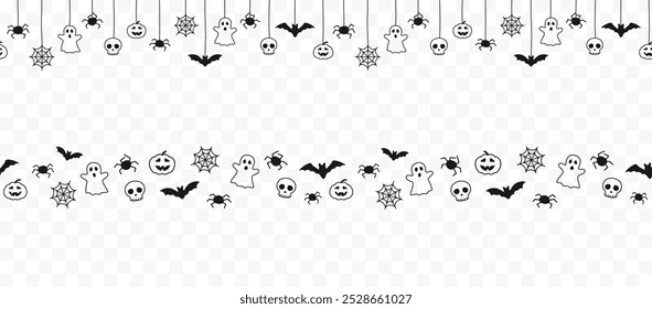 Happy Halloween seamless banners or borders with black bats, spider web, ghost and pumpkins. Vector illustration party invitation isolated on transparent background