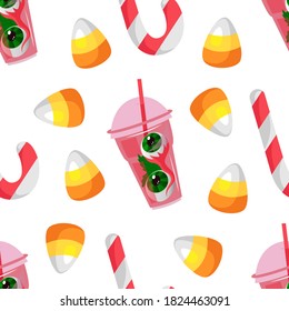 Happy Halloween. Seamless halloween cocktails pattern with an eye and sweets. Horror story. Vector illustration on isolated background.