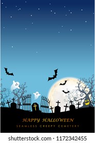 Happy Halloween seamless creepy cemetery with text space, vector illustration. Horizontally repeatable.