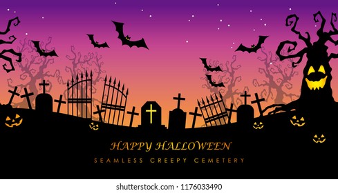 Happy Halloween seamless creepy cemetery with text space, vector illustration. Horizontally repeatable.9