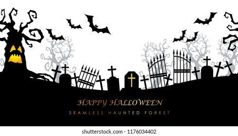 Happy Halloween seamless creepy cemetery with text space, vector illustration. Horizontally repeatable.
