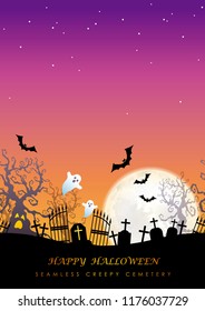 Happy Halloween seamless creepy cemetery with text space, vector illustration. Horizontally repeatable.