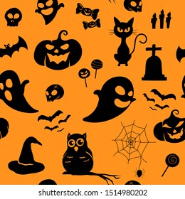 Happy Halloween seamless hand-drawn pattern on an orange background featuring pumpkins, skulls, bats, spiders, ghosts, bones, candies, spider webs and candles. For textile and fashion style fabrics.