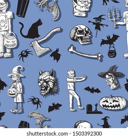 Happy Halloween. Seamless pattern baby girl boy zombies a vampire bat... Hand drawn silhouette. vector image. eps10
