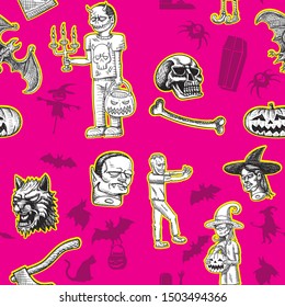 Happy Halloween. Seamless pattern baby girl boy zombies a vampire bat... Hand drawn silhouette. vector image. eps10