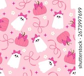 Happy halloween seamless pattern and background  with spooky pink pumpkin, ghost, cute bow and ribbon. Holidays cartoon character. -Vector