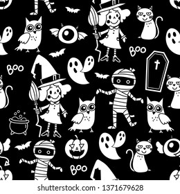 Happy halloween seamless pattern background. Cute witch, owl, pumpkin, cat, spooky ghost, monster and mummy doodle. Holidays cartoon character