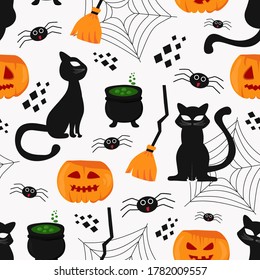 Happy Halloween seamless pattern background. Funny pumpkin, Ghost, black cat, broom, spider, web on a white background. Vector illustration