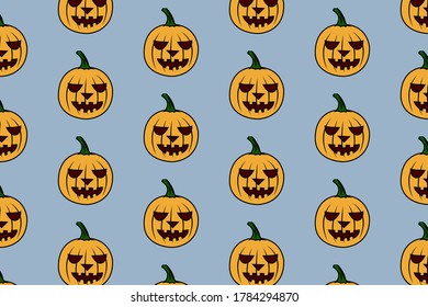 Happy Halloween seamless pattern background with orange pumpkin on light blue trendy color, good for wrapping paper and fabric print. 