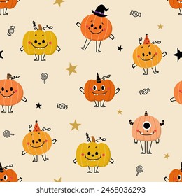 Happy halloween seamless pattern and background with cute monster pumpkin and ghost. Holidays cartoon character. -Vector