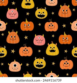 Happy halloween seamless pattern and background with cute monster pumpkin and ghost. Holidays cartoon character. -Vector