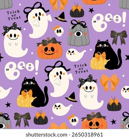 Happy halloween seamless pattern and background  with spooky pumpkin, ghost, black cat, cute bow and ribbon. Holidays cartoon character. -Vector