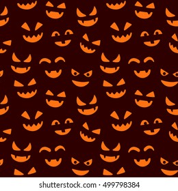 Happy halloween seamless pattern background with spooky, funny, smiling faces. Abstract illustration.