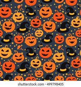 Happy halloween seamless pattern background with hats, sweets and scary pumpkins. Abstract illustration.