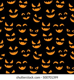 Happy halloween seamless pattern background with spooky, funny, smiling faces. Abstract illustration.