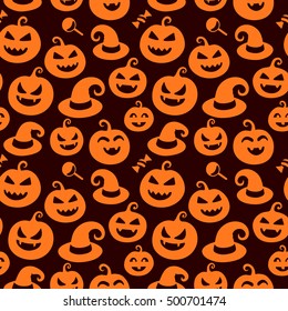 Happy halloween seamless pattern background with hats, sweets and scary pumpkins. Abstract illustration.