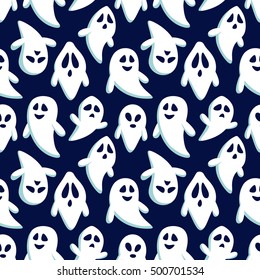 Happy halloween seamless pattern background with flying ghosts. Abstract illustration.