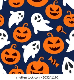 Happy halloween seamless pattern background with flying ghosts and scary pumpkins. Abstract illustration.