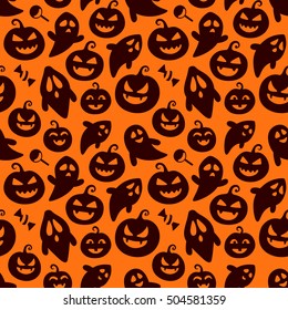 Happy halloween seamless pattern background with flying ghosts and scary pumpkins. Abstract illustration.